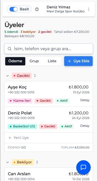 Basit Mod mobil görünüm: üyeler kart olarak listelenir